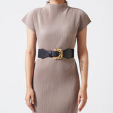 Black elastic-backed belt with distended buckle